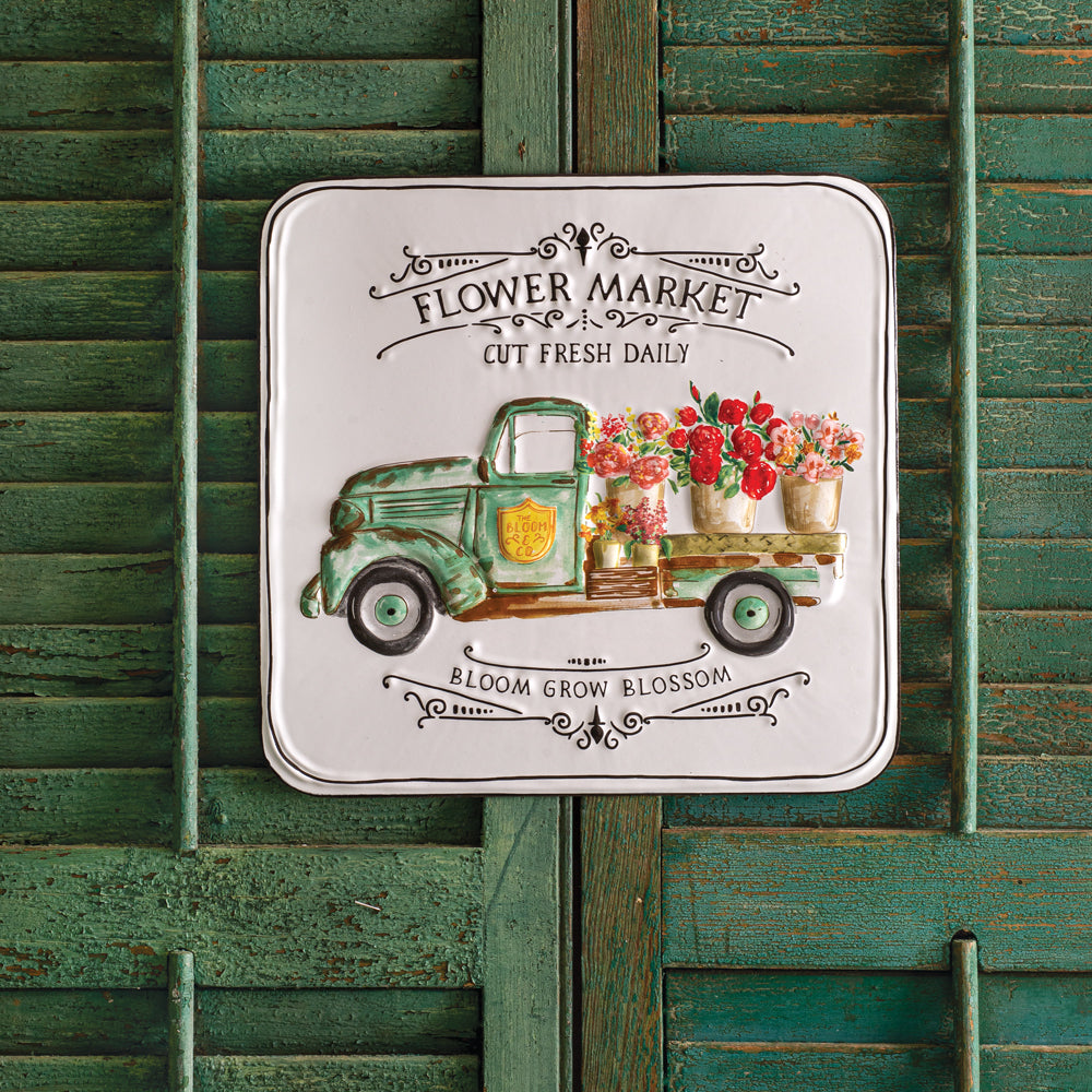 Flower Market Metal Sign  Old Antique Truck